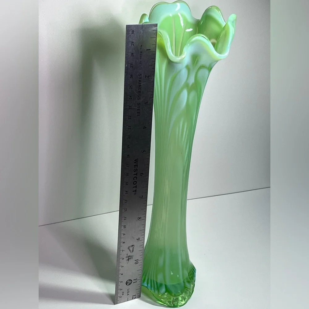 Antique Jefferson Green Opalescent Vase “Tokyo” Pattern, Seafoam Glass, 3-Footed